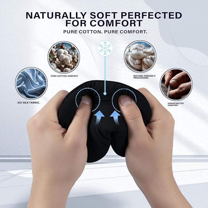 ZLZQER Cooling Cotton Eye Sleep Mask for Men & Women, Soft & Breathable, Pressure-Free Design for Side Sleepers, Adjustable Light Blocking Mask for Sleeping, Travel & Naps (Black)