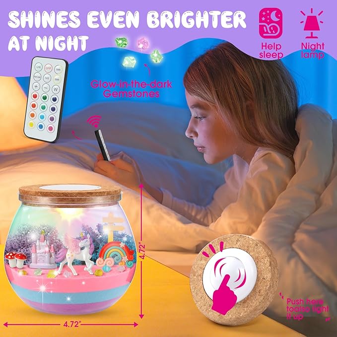 ACRABROS Unicorn Terrarium Kit for Girls: LED & Glow Stones Present for Birthday - DIY Art for Activity Toy Gift - Light up Decoration with Sand Set - Craft Idea for Kids Age 4 5 6 7 8-12 Year Old