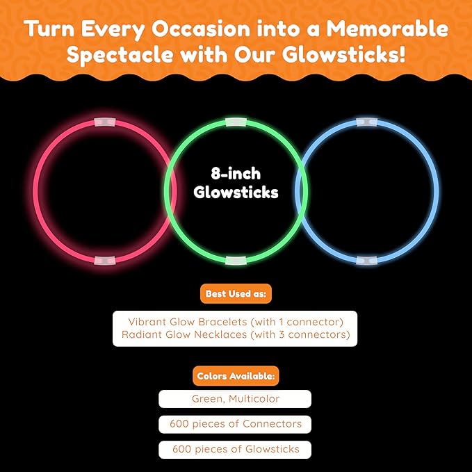 Glow Fever Glowsticks Bulk 1200pcs Party Pack includes 600 8" Glow Sticks and 600 connectors, Bracelets and Necklaces, DIY Costume , Light Sticks, for Concert, Wedding and Birthday, Green