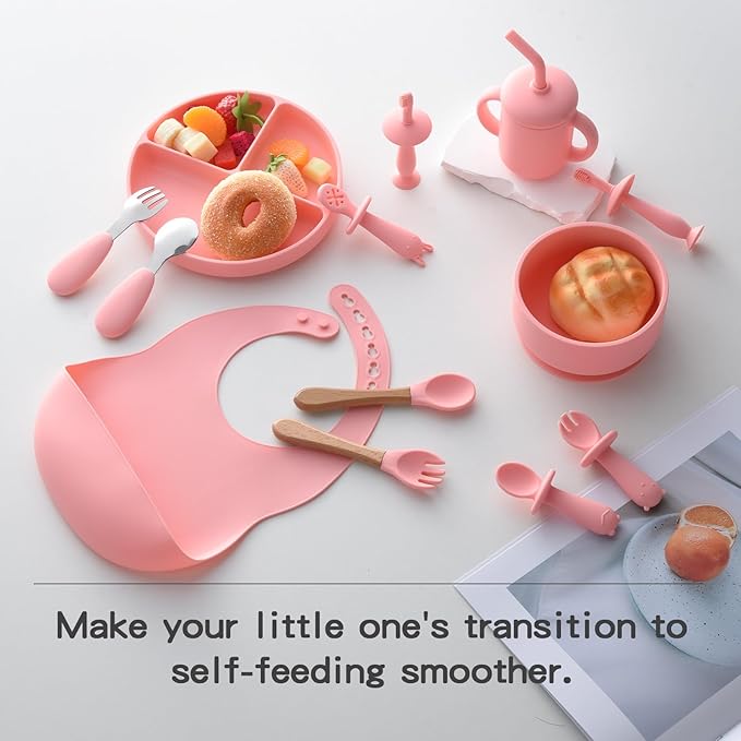 Silicone Baby Feeding Set,13PCS Baby Feeding Essentials with Suction Bowl and Plate,Spoons & Forks,Bib & Cup,Baby Toothbrush,Baby Led Weaning Supplies for 6+ Months,Baby Eating Essentials (Pink)