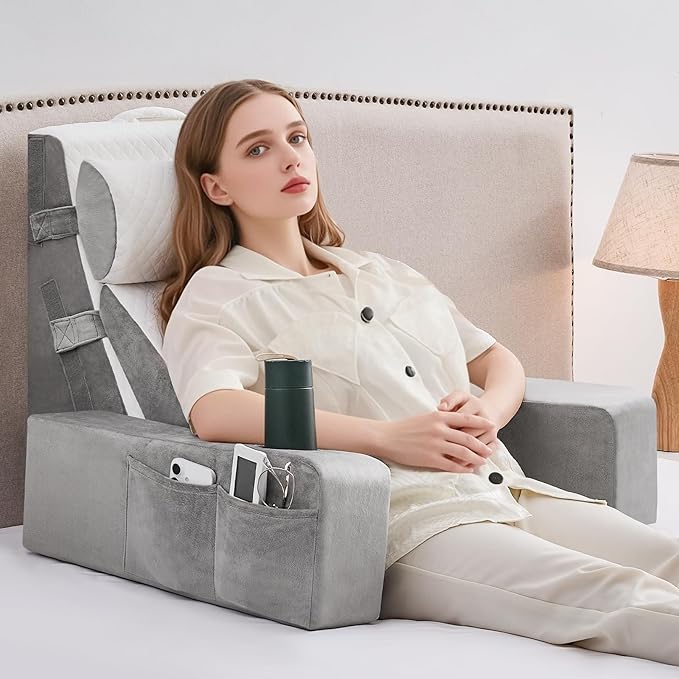 5pcs Reading Pillow for Adults Sitting in Bed – Back Pillow for Bed Sitting Up with Arms, Pockets & Cup Holder, Sit-Up Backrest Pillow for Beds & Chair Use, Beds Rest Pillows for Gaming, Watching TV