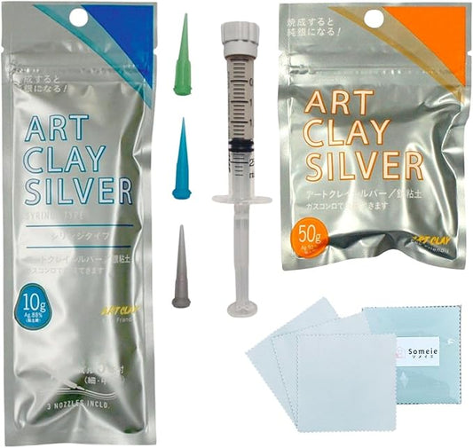 Art Clay Silver 50g, Syringe Type 10g (with 3 Tips) & Set of 3 Polishing Cloths A-0275,A-0281