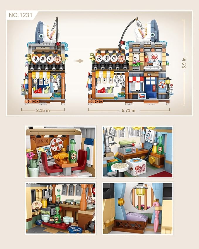 Japanese City Street View Seafood Store Building Blocks Set, Aquatic Products Shop MOC Creative House, Simulation Architecture Construction Toy, Gifts Idea for Kids Adults (Mini Blocks 790 pcs)