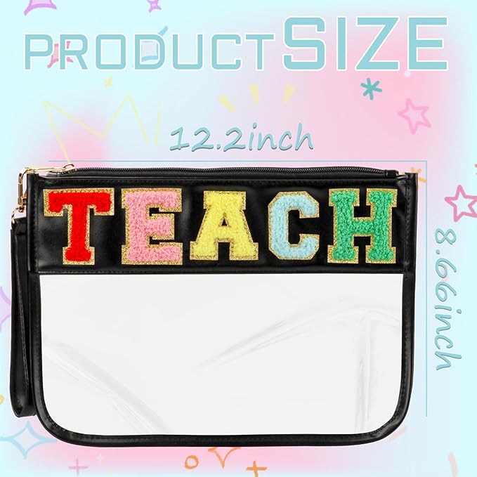BuyCard Teacher Appreciation Gifts Clear Makeup Bag, Embroidered Chenille Letter Patches Cosmetic Bag, Zipper Pouch PVC Organizer, Portable Waterproof Toiletry Storage Bag for Women, Girls