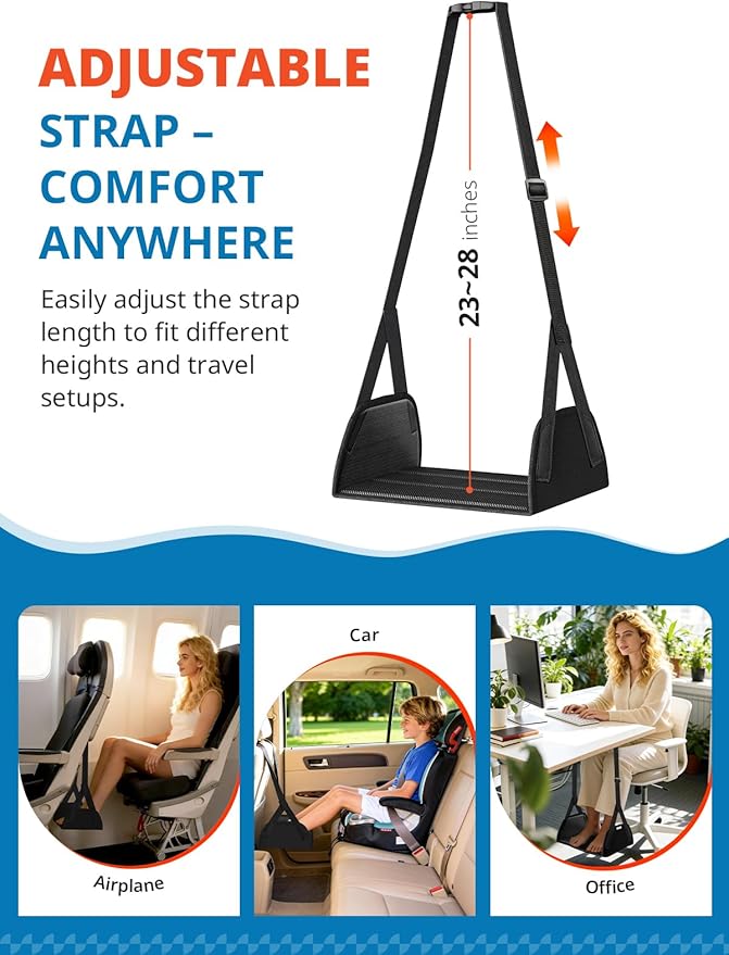 SARISUN 2-Pack Airplane Foot Hammock for Travel, No Collapse Plane Foot Hammock with Wide Hardboard Support, Portable Foot Sling for Under Desk with Adjustable Strap, Carry Bags for Women & Men