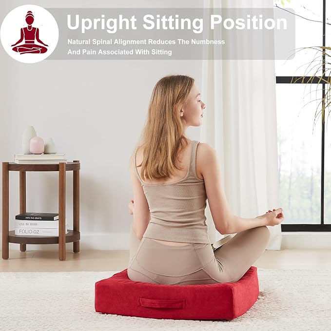 2 Pcs High Density Foam Floor Pillow - Upgraded Large Pillows Seating for Adults - Outdoor Floor Cushion with Soft Tufted Cover - Yoga Pillows for Sitting On Floor - 22 Inch Burgundy