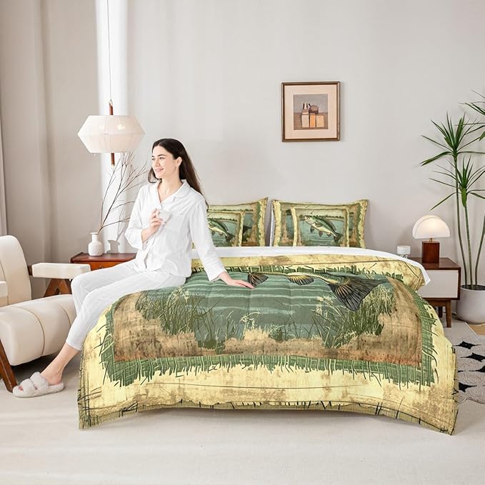 Feelyou Kids Fishing and Hunting 7 Piece Bedding Set King Size Pike Fish Bed in a Bag for Boys Bedroom Decor Bass Big Fish Comforter Set with Sheets,Pillowcases & Pillow Covers Vintage Soft