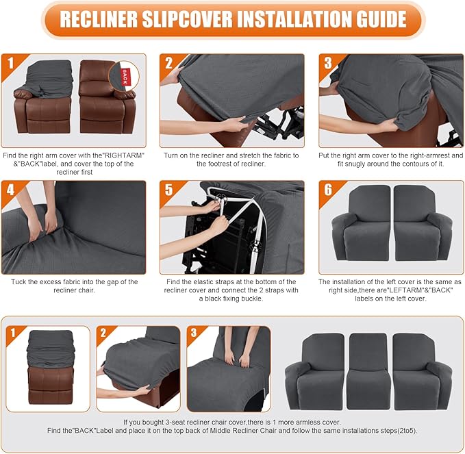 VANSOFY Recliner Covers, 3-Pieces Stretch Reclining Couch Covers with Pockets Reclining Couch Slipcovers 3 Seater Soft Washable Furniture Protector for Dogs Cats(Charcoal Gray)