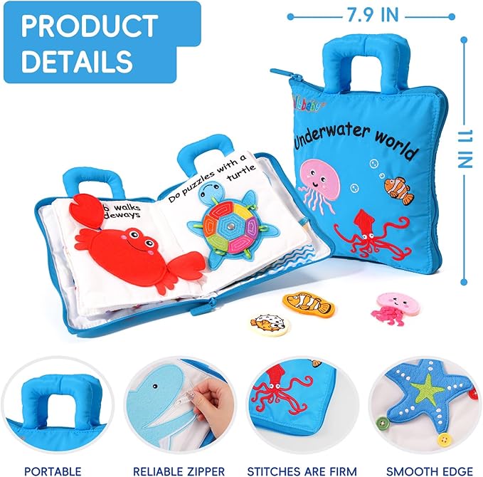 Jollybaby Quiet Book for Toddlers - Montessori Basic Skills Activity Toys - Preschool Learning Soft Travel Toy & Sensory Educational Busy Book for 1-3 Year Old Boys & Girls + Zipper Bag(Wathet)