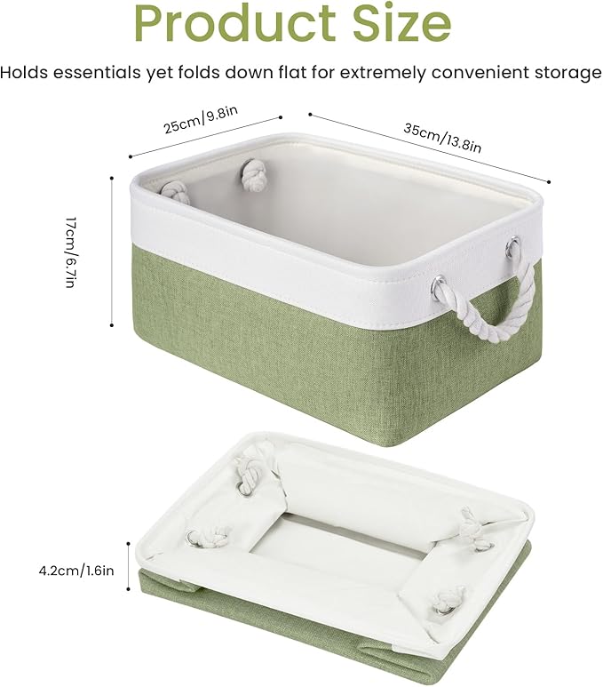 VQRTEXA Storage Baskets for Shelves 13.8x9.8x6.7 Inch, Foldable Fabric Storage Bins with Handles, Small Storage Baskets for Organizing Closet, Bathroom, Office, Home Organization (1-Pack, White&Green)