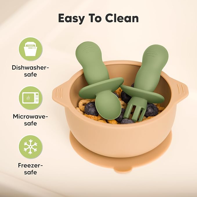 KeaBabies 4-Pack Silicone Baby Spoons and Forks Set - Baby Spoon Self Feeding, BLW Baby Utensils 6-12 Months, Baby Led Weaning Feeding Spoon,Teething Infant Baby First Food Training Pre Spoon (Desert)