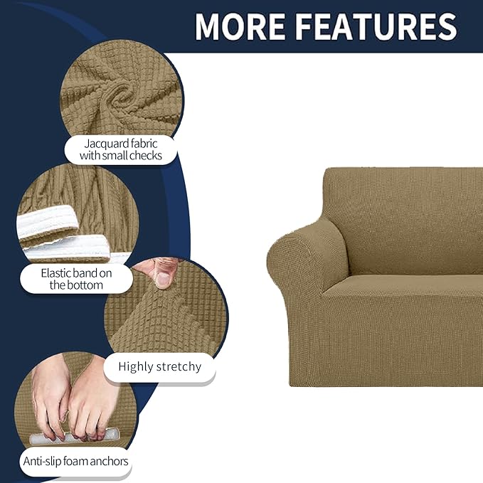 2025 New Stretch Loveseat Sofa Slipcovers Couch Cover for 2 Cushion Furniture Protector Sofa Covers with Elastic Bottom Jacquard Fabric Small Checks for Pets, Kids - Tan