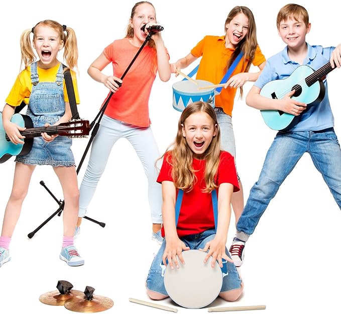 Kids Drum Set 7.87 in Wooden Toy Drum with Adjustable Strap 2 Drumsticks Educational Sensory Musical Instrument Set for Toddlers Kids Baby Toy Gift(Blue Triangle Style)