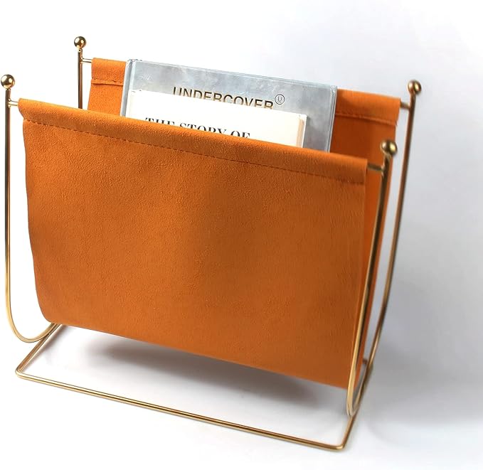 lesermoorer Plated Metal Wire and Suede Leather Magazine Holder Rack, Standing Rack for Magazines, Books, Newspapers, Home Staging Decoration