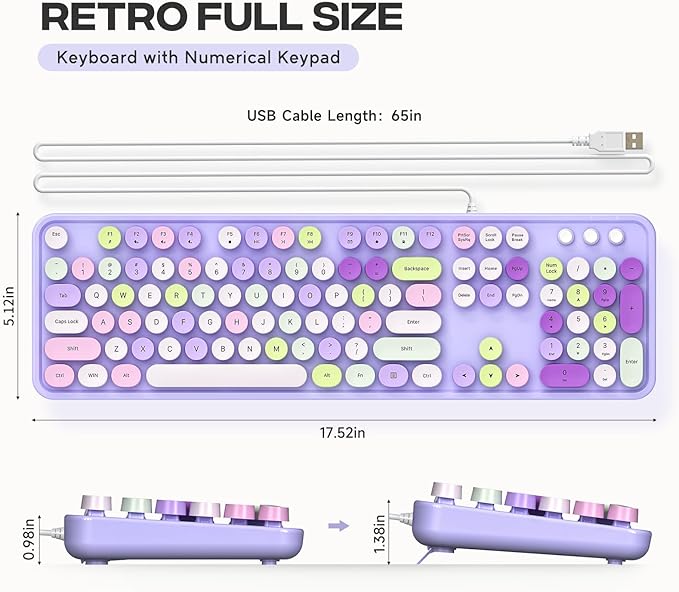 Wired Keyboard, 104 Keys Full-Sized Typewriter Keyboards, USB Office Keyboard with Number Pad, Caps Indicators, Foldable Stands for Windows, PC, Laptop, Desktop (Purple Colorful)
