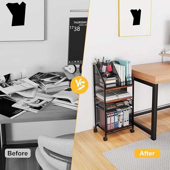 Rolling File Cart with 2 Storage Drawers Multipurpose Book Letter Organizer Carts with Lockable Wheels Wood&Mesh Rolling File Organizer Space-Saving Cart for Office Supplies