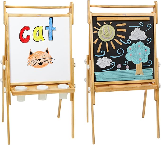Colorations All in One Wooden Adjustable Easel for Kids, Ages 2-6 + |32", 37", & 41" Heights | Toddler, Preschool, & Kindergarten Art Stand with Whiteboard & Chalkboard | Magnetic