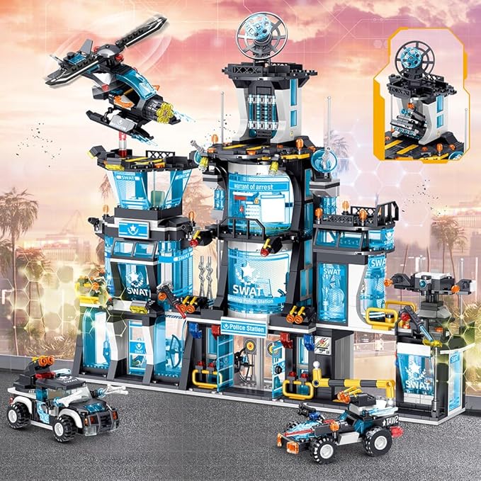MindBox City Police Station Building Set with Police Car & Helicopter,1430pcs Building Block Toy Gift for Boys 8-12