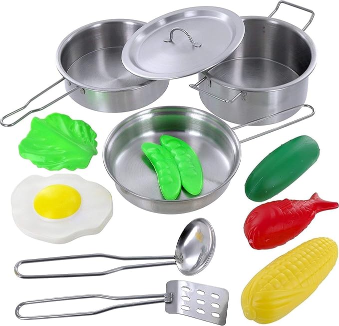 Click N' Play Kids Kitchen Pretend Play Toy, Toddlers Stainless Steel Pot and Pans Cookware and Accessories Playset with Play Food, Kitchen Play Set for Girls and Boys Ages 3 Years and Up, 12 Pieces