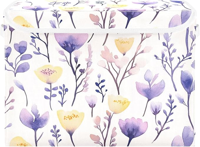 senya Large Storage Bins with Linen Collapsible Foldable Storage Cubes Fabric Closet Organizer Containers box with Flip-Top Lid for Home Bedroom Office 16.7 x 12.6 x 11.8in (Yellow Purple Flower)