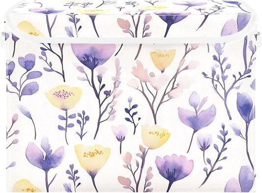 senya Large Storage Bins with Linen Collapsible Foldable Storage Cubes Fabric Closet Organizer Containers box with Flip-Top Lid for Home Bedroom Office 16.7 x 12.6 x 11.8in (Yellow Purple Flower)