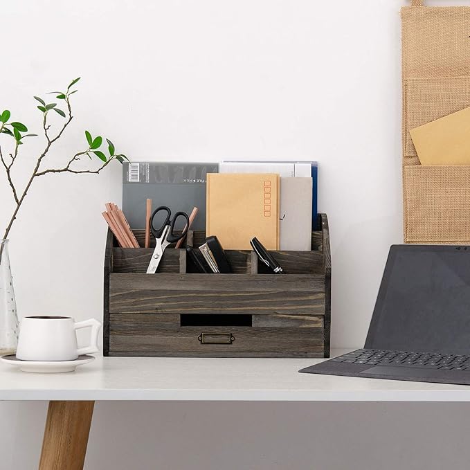 Distressed Rustic Wooden Office Desk Organizer 5 Compartment with 2 Drawer &Counter Desk Tabletop Desktop Mail Rack, Pens, Notebooks, Folders, Pencils and Office Supplies (Rock Grey)