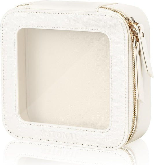MSTONAL Clear Makeup Bag, Travel Toiletry Bag Cosmetic Case for Women, Waterproof Portable Small Make Up Skincare Pouch with Zipper, Compact Car Organizer Bag for Essentials, Mini Size, Ivory White