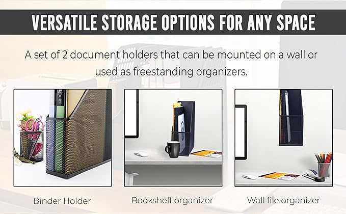 YBM HOME Steel Mesh Wall Magazine File Holder for Home & Office Organization, Serves as a Magazine Rack, Desk Organizer, Letter and Mail Bin, Holds Up to 20 Magazines - 4-Pack Black, 1101-4