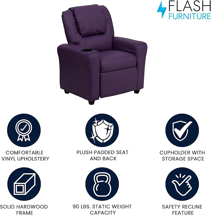 Flash Furniture Vana Vinyl Kids Recliner with Cup Holder, Headrest, and Safety Recline, Contemporary Reclining Chair for Kids, Supports up to 90 lbs., Purple