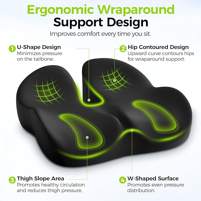 AUVON Gel Seat Cushions for Office Chairs, Ergonomic Memory Foam Chair Cushions for Long-Sitting Support & Sciatica, Back, Tailbone Pain Relief, Breathable Car Seat Cushion with Anti-Slip Base