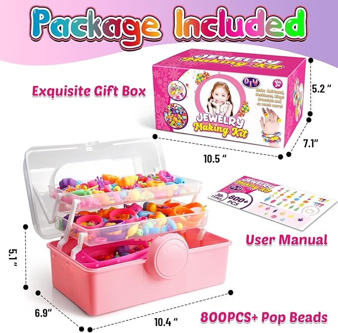 FUNZBO 850pcs Pop Beads - Jewelry Making Kit for 3 4 5 6 7 8 Year Old Little Girls, Arts and Crafts Toys for Kids, Necklace Bracelet Ring Hairband Creativity Snap Set Easter Holidays Birthday Gifts