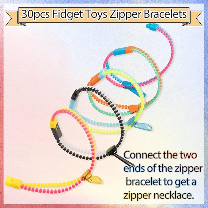 Fidget Toys Zipper Bracelets for Kids 30 Pieces Bulk Sensory Party Favor Friendship Bracelets Gift for Boys Girls Valentine Birthday Party Goodie Bag Fillers Easter Basket Stuffer Gift Fidget Bracelet