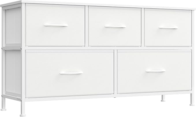 SONGMICS Dresser for Bedroom, Chest of Drawers, Steel, MDF, 5 Non-Woven Fabric Drawers, Storage Organizer Unit, Closet, Entryway, Cloud White and Snow White ULGS322W01S