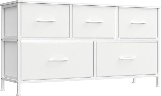 SONGMICS Dresser for Bedroom, Chest of Drawers, Steel, MDF, 5 Non-Woven Fabric Drawers, Storage Organizer Unit, Closet, Entryway, Cloud White and Snow White ULGS322W01S