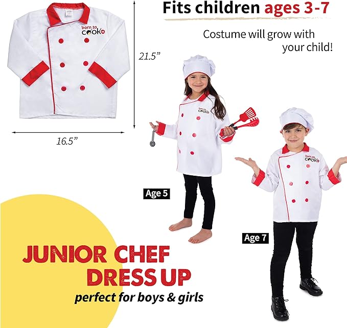 Born Toys Chef Costume for Kids w/ Chef Hat for Kids Ages 3-7, Kids Kitchen Accessories Set w/ Fun Recipe Book, Cooking Set for Kids Costume Washable and Dress Up & Pretend Play for Boys & Girls