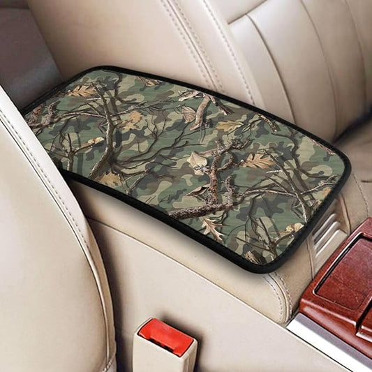 DORKEIXIA Camo Camouflage Green Hunting Army Military Forest Tree Leaf Auto Center Console Armrest Pad Universal Car Center Console Cover Seat Box Cover for Sedan, Van, SUV, Truck Car Accessorie