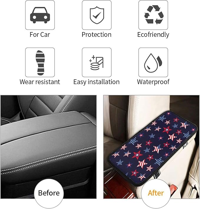 American Flag 4th Of July Red And White Stars Blue Stars Patriotic Auto Center Console Armrest Pad Universal Car Center Console Cover Seat Box Cover For Sedan, Van, Suv, Truck Car Accessorie