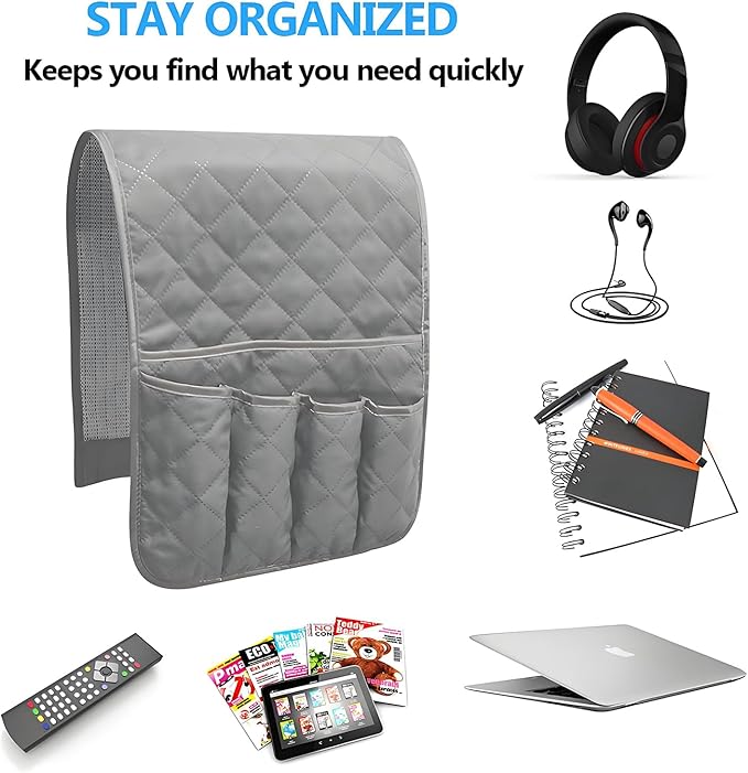 Sofa Armrest Organizer Non-Slip Arm Chair Bedside Storage Caddy Organizer Armchair Caddy for Recliner Couch Remote Holder with 5 Pockets for Cell Phone TV Remote Control Magazines(Grey)