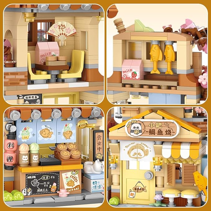 Panda Street Scene Building Kit, Openable Taiyaki Shop Building Set for Boys Girls Age 8+,858pcs Mini Bricks