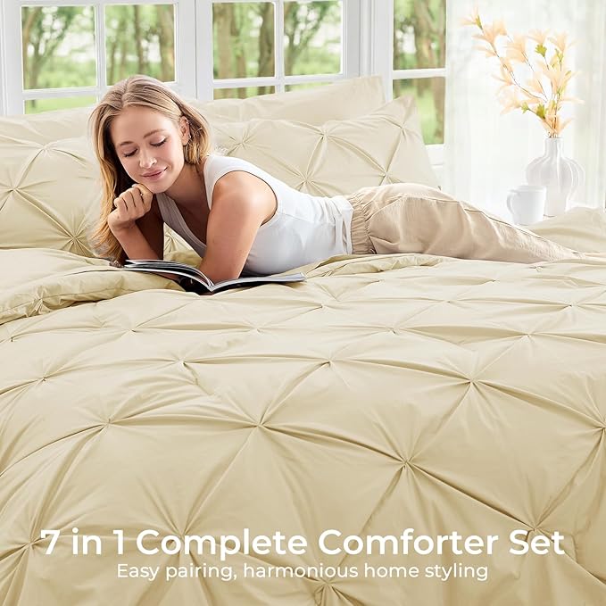 Sasttie Full Size Comforter Set, 7-Piece Bed in a Bag, Pintuck Bedding Set for All Season, Includes Comforter, Flat Sheet, Fitted Sheet, Pillowcases and Pillowshams, Pale Yellow