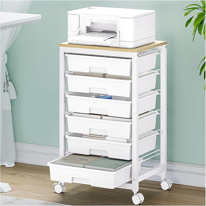 Rolling Storage Utility Cart with 6 Drawers and Wooden Tabletop for Under Desk Storage,White