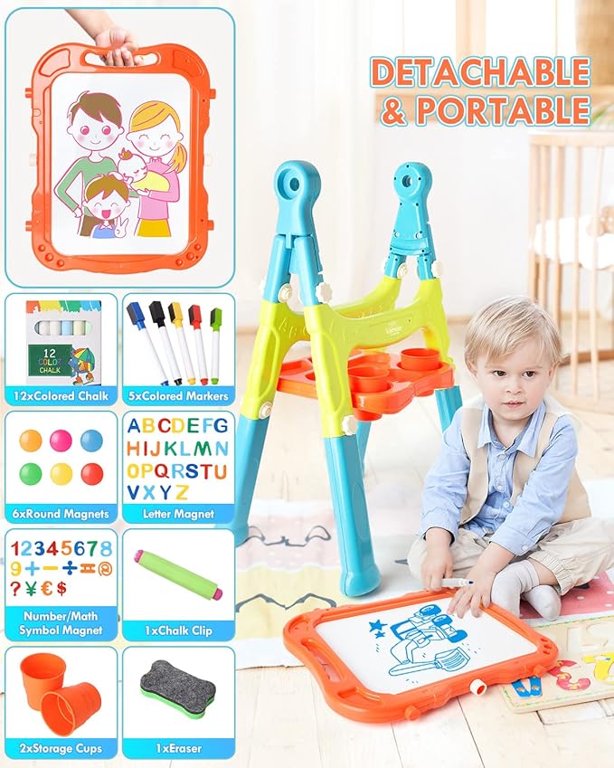 Lehoo Castle Easel for Kids, 4 in 1 Double Sided Kids Art Easel with Magnetic White Board & Chalk Board, Adjustable Standing Toddler Easel with Drawing & Writing Accessories - Gift for Boys and Girls