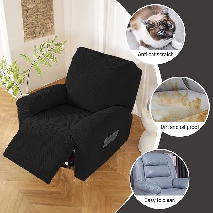 NORTHERN BROTHERS Oversized Recliner Cover - Lazy Boy Recliner Covers That Stay in Place, 4 Pieces Large Recliner Chair Covers 1 Seater, Black