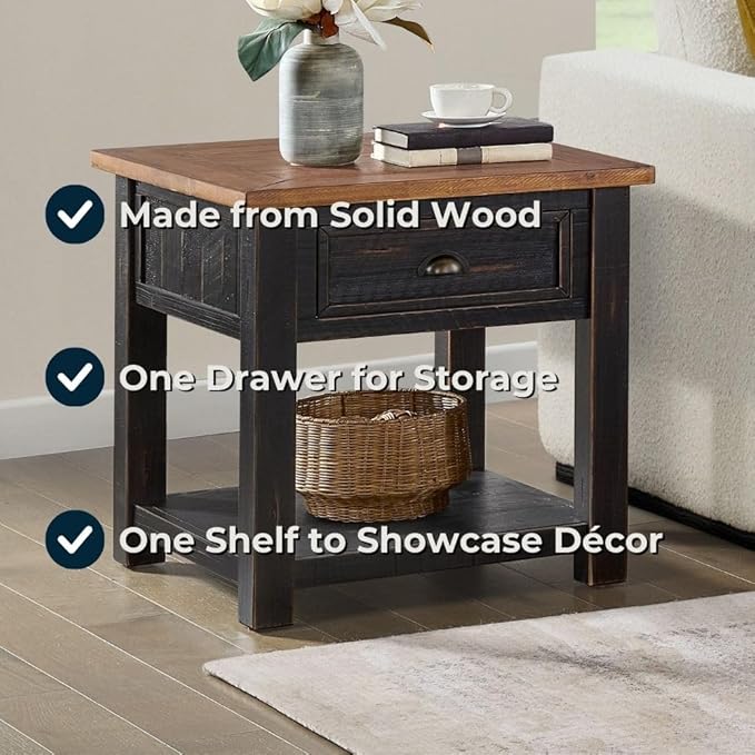 Monterey Farmhouse Rustic End Table, Solid Pine Wood Coastal Side Table with Drawer and Shelf. Black and Honey.