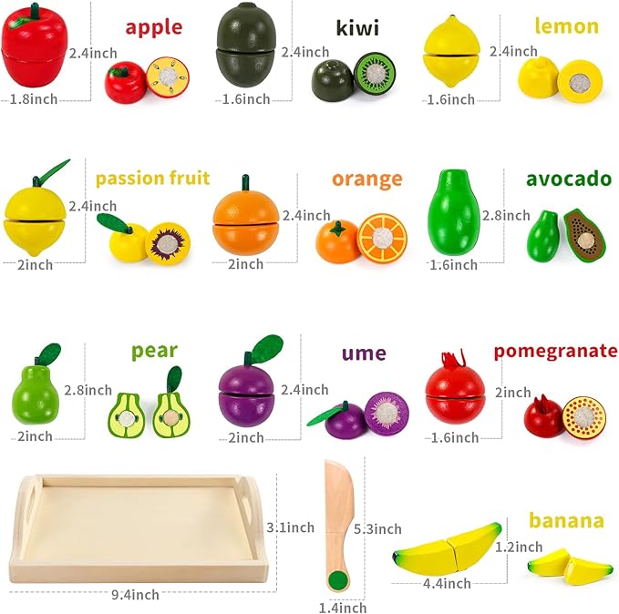 Fajiabao Wooden Play Food Set for Kids Kitchen Montessori Toddlers Toys 1-3 Pretend Cutting Fruit Educational Birthday Gifts for Girls Boys 2 3 4 Year Old