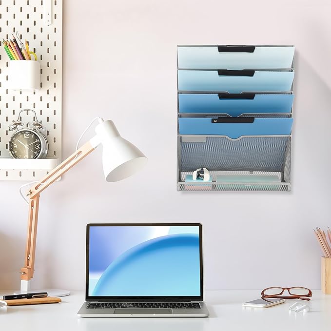EASEPRES 6 Tier Mesh Hanging Wall File Organizer, Desk Vertical Mail Paper Document Folder Holder Rack with Bottom Tray and Nametag Label for Office Home School, Gray
