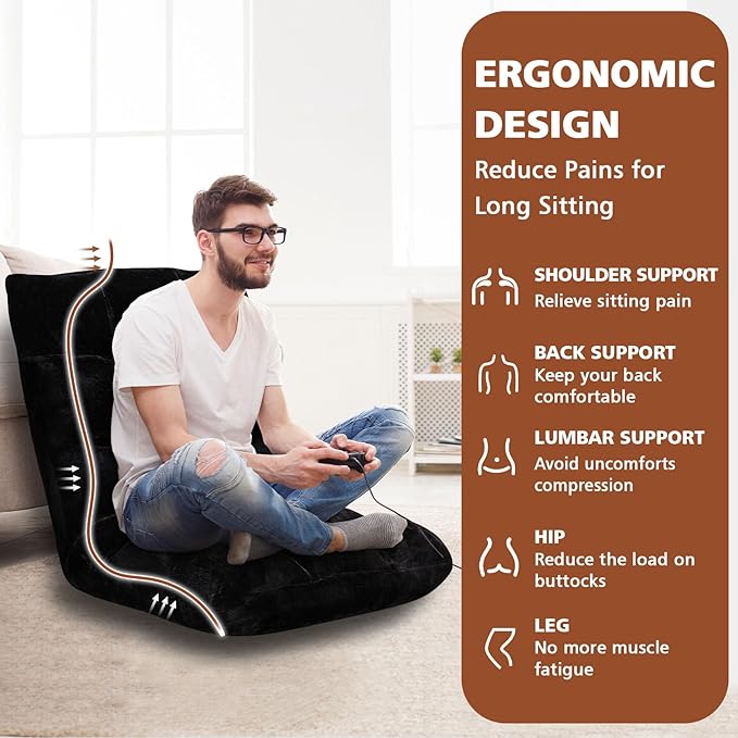 Folding Floor Chair 14-Position Cushioned Adjustable Floor Lazy Sofa Chair w/Breathable Cotton & Skin-Friendly Flannel for Adults & Kids Ideal for Reading Meditating, Black