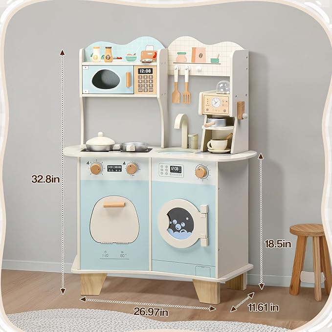 Ktaxon Wooden Play Kitchen with Coffee Maker, Pretend Kitchen Playset for Kids with Toy Washing Machine, Oven, Microwave & Cooking Set Accessories for 3+ Years