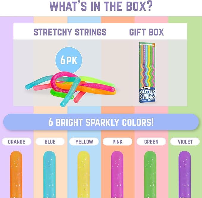 BUNMO Stretchy Strings - Sensory Toys for Toddlers - Stimulating & Addictive Sensory Toys for Kids - Fidget Toy - Hours of Fun for Kids - Non-Mouthable Toy 3+ - Glitter 6 Pack