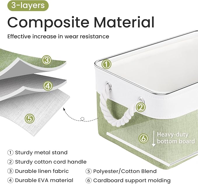 VQRTEXA Storage Baskets for Shelves 13.8x9.8x6.7 Inch, Foldable Fabric Storage Bins with Handles, Small Storage Baskets for Organizing Closet, Bathroom, Office, Home Organization (1-Pack, White&Green)